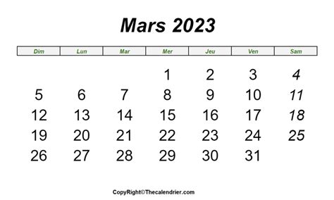 Calendrier Mars 2023 à Imprimable The Calendrier