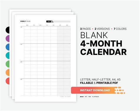 Yearly 4-month Calendar, Fillable Planner Template, Blank Yearly ...