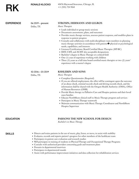 Music Therapist Resume Samples Velvet Jobs