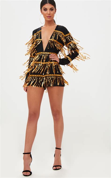 Gold Tassel Sequin Long Sleeve Romper Prettylittlething Usa