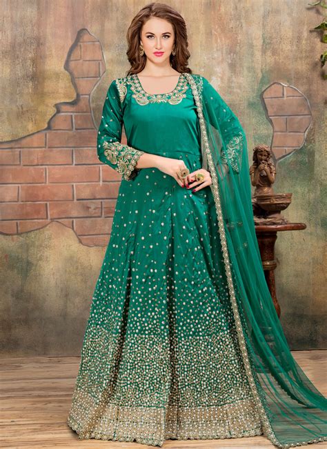 Buy Sea Green Embroidered Work Tafeta Silk Floor Length Anarkali Suit