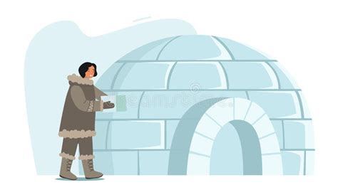 Eskimo Female Character Building Igloo Making House Of Ice Blocks