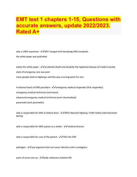 EMT Test 1 Chapters 1 15 Questions With Accurate Answers Update 2022