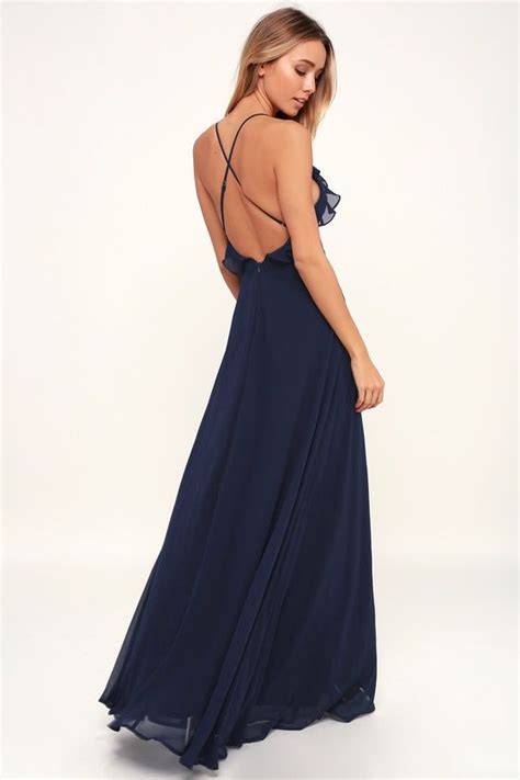 Metropolitan Navy Blue Ruffled Maxi Dress Cute Prom Dresses Dresses