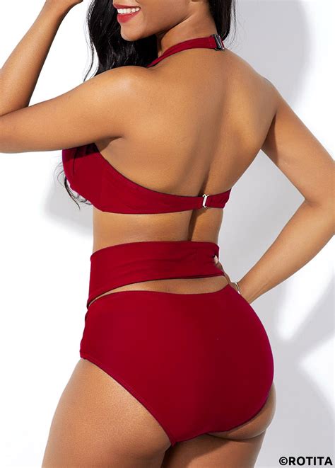 ROTITA Cross Front Cage Neck High Waist Bikini Set