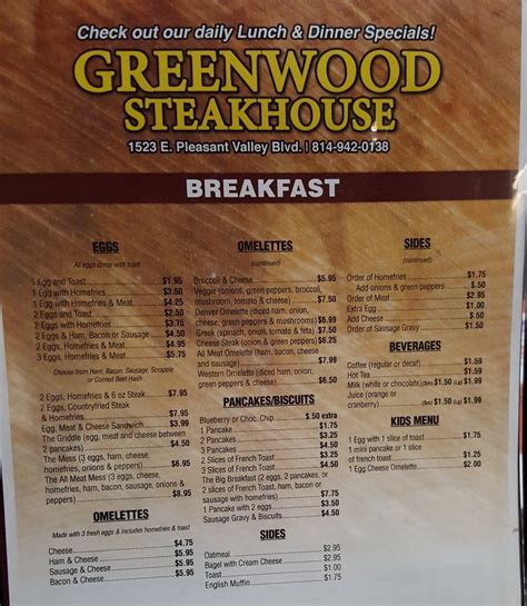 Menu At Greenwood Steakhouse Altoona