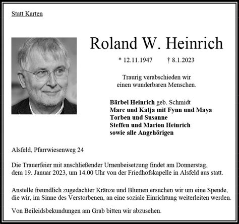 Traueranzeigen Von Roland W Heinrich Vrm Trauer De