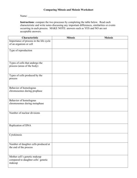 Biology Comparing Mitosis And Meiosis Worksheet Answers | TUTORE.ORG ...