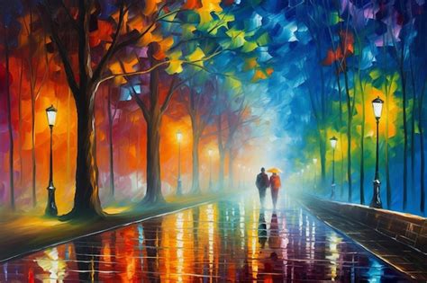 Premium AI Image | A painting of a couple walking in the rain.