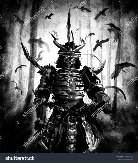 Japanese Demon Samurai Armor Standing Woods Stock Illustration 1345891193