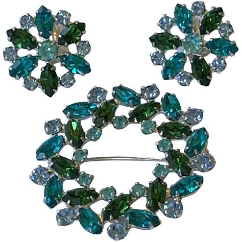 B David Blue And Green Rhinestone Brooch And Earring Set Rhinestone