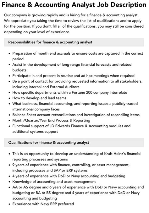 Finance And Accounting Analyst Job Description Velvet Jobs