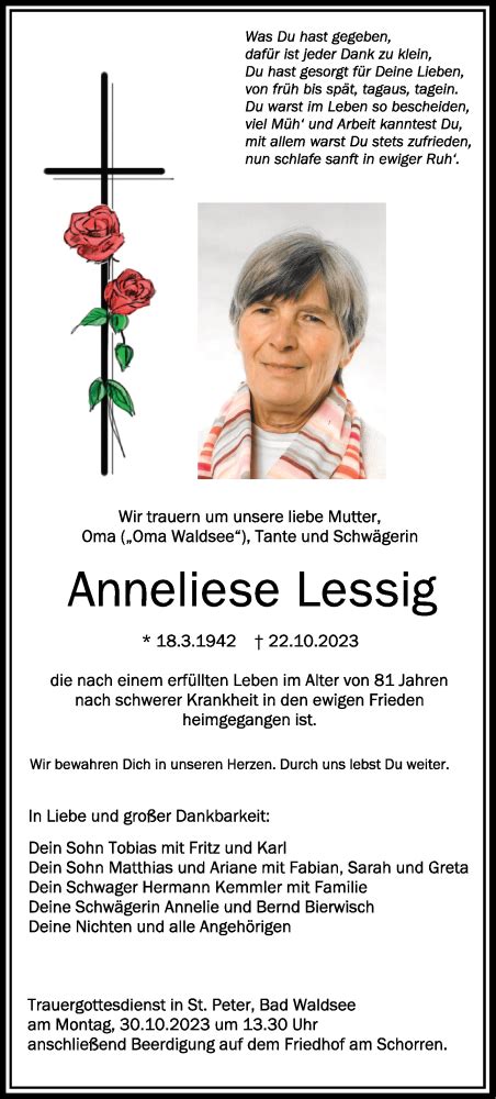 Traueranzeigen Von Anneliese Lessig Schwaebische De Trauerportal