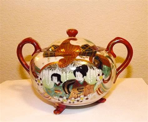 Exquisite Unique Japanese Kutani Geisha Sugar Bowl Japan Porcelein