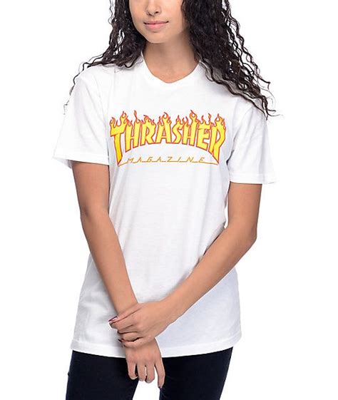 Thrasher Flame Logo White Boyfriend Fit T Shirt Thrasher Women