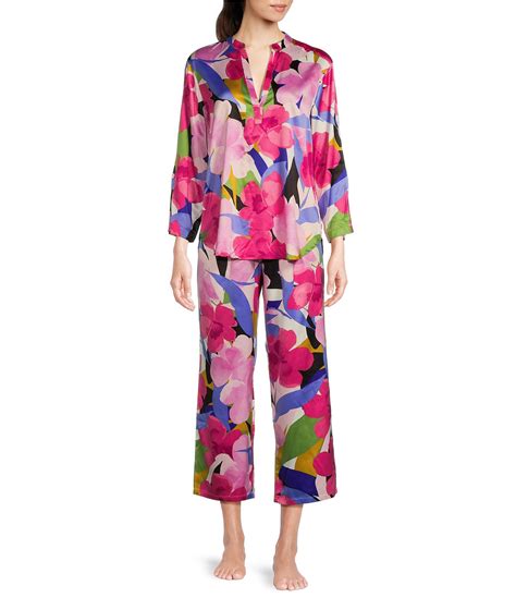 N By Natori Satin Floral 3 4 Sleeve Mandarin Collar Coordinating Pajama