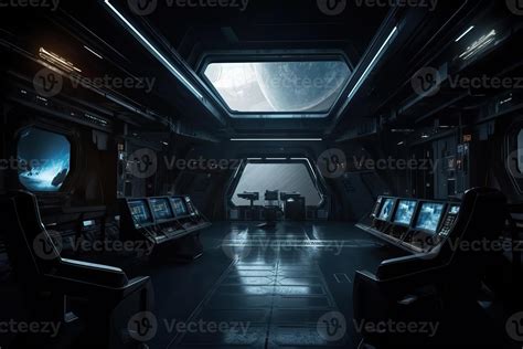 Dark spaceship interior with a view of the control panels, . 23142364 Stock Photo at Vecteezy