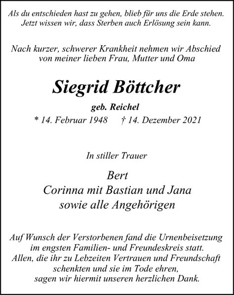 Traueranzeigen Von Siegrid B Ttcher Trauer In Nrw De