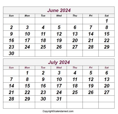 Printable June July 2024 Calendar Calendar Next