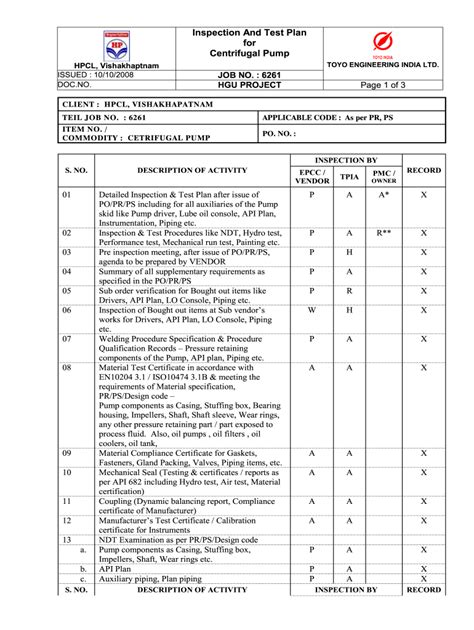 Inspection And Test Plan Fill And Sign Printable Template Online Us