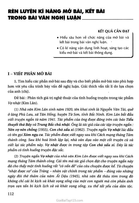 SGK Ngữ Văn 12 Rèn luyện kĩ năng mở bài kết bài trong bài văn nghị luận