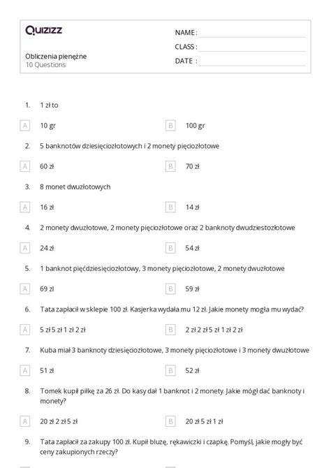 Ponad 50 Obliczenia pieniężne arkuszy roboczych dla Klasa 3 w Quizizz