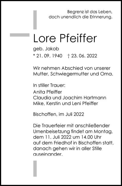 Traueranzeigen Von Lore Pfeiffer Vrm Trauer De