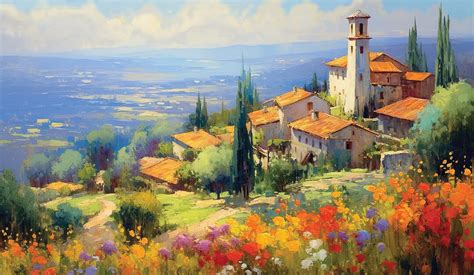 Colorful Tuscan Italian Hill Top Village In Summer Instant Digital