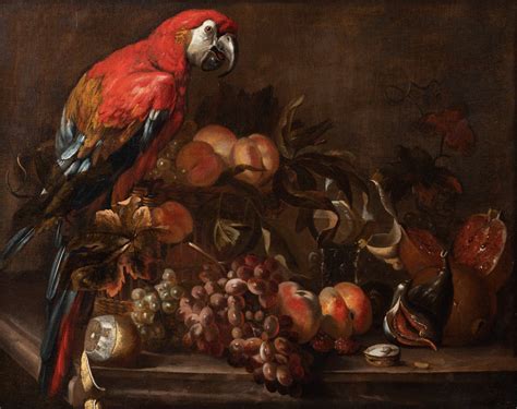 Proantic Nature Morte Au Perroquet Et Aux Fruits Attribué à David D