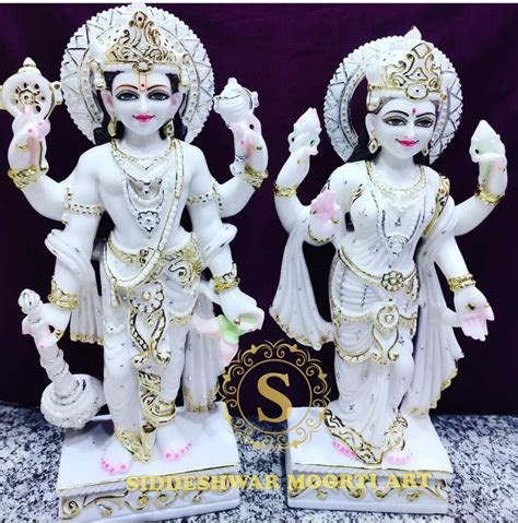 Traditional Hindu 2 Feet White Marble Vishnu Laxmi Statue For Worship