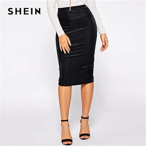 Buy Shein Black Elastic Waist Rib Knit Solid Knee