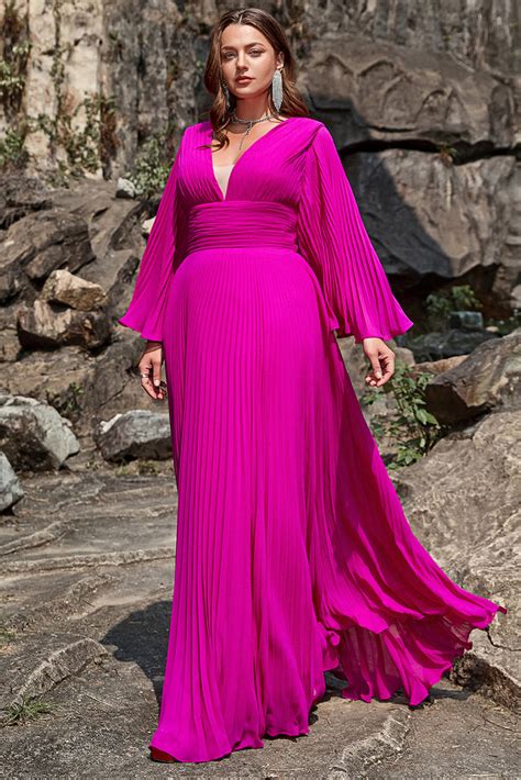 Zapaka Women Dark Fuchsia Plus Size Prom Dress A Line Deep V Neck Formal Dress With Long Sleeves