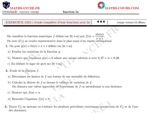 Maths Lycee Fr Exercice Corrig Chapitre Fonction Ln