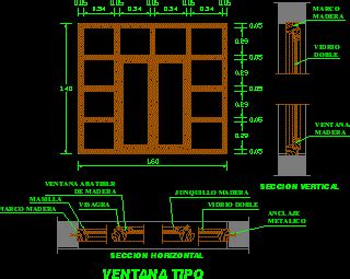 Plano De Detalles De Una Ventana Con Marco De Madera En Autocad