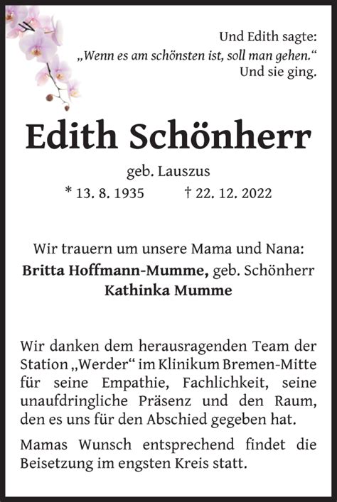 Traueranzeigen von Edith Schönherr Trauer Gedenken