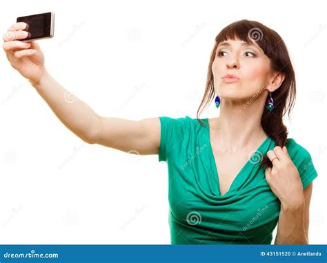 Happy Woman Taking Self Picture With Smartphone Stock Photo Image Of