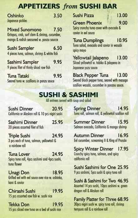 Menu at Kabuki Japanese Restaurant, King of Prussia