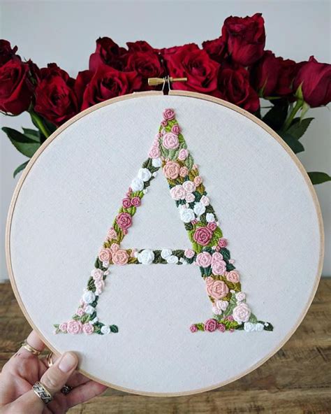 Hand Embroidered Letter Monogram Letter Floral Letter Monogram Roses