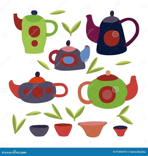 Cute Tea Set Colorful Vector Isolated Objects Stock Vector