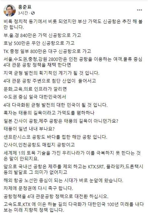 홍준표 가덕도 신공항 추진해볼 만지역 균형발전의 획기적 계기