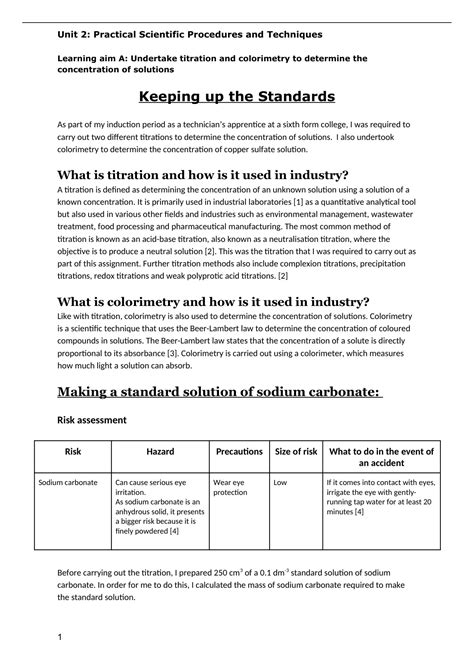 BTEC Applied Science Unit 2 Learning Aim A Assignment Titration And