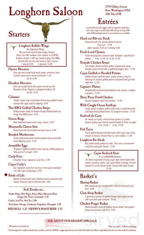 Printable Longhorn Lunch Menu