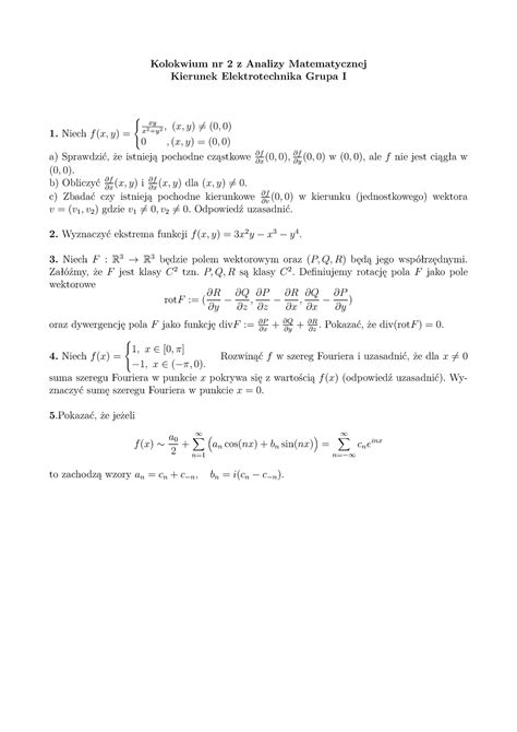 Letni A Kolokwium Nr Z Analizy Matematycznej Kierunek