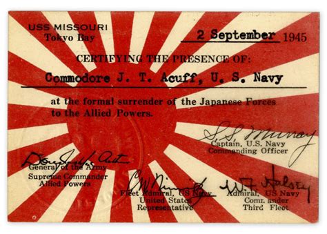 Lot Detail - WWII Instrument of Surrender Ceremony Card -- From the Famous Ceremony Aboard The ...