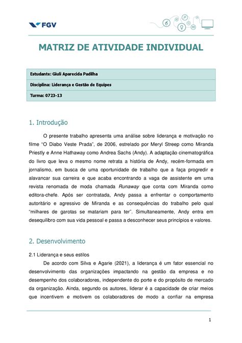 Atividade Individual FGV Liderança Exercícios Liderança e Gestão de