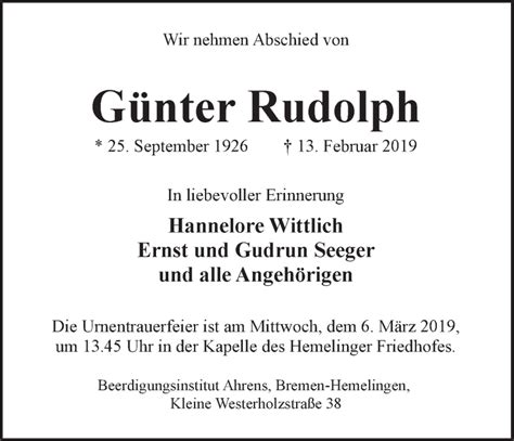 Traueranzeigen von Günter Rudolph Trauer Gedenken