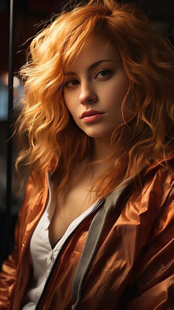 Premium Ai Image Pretty Red Head Woman With Orange Jacket