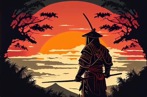 Samurai de desenho japonês assistindo o pôr do sol generative ai Foto