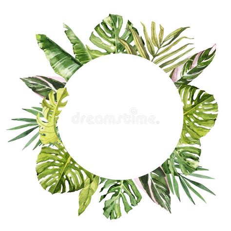 Watercolor Hand Drawn Rainforest Tropical Leaves Bouquet Circle Frame