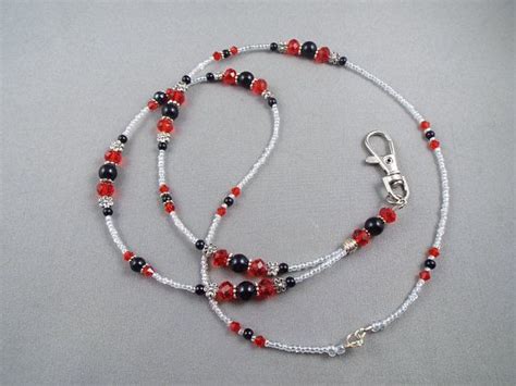 Beaded Breakaway Lanyard Red And Black Glass Pearls And Crystals To